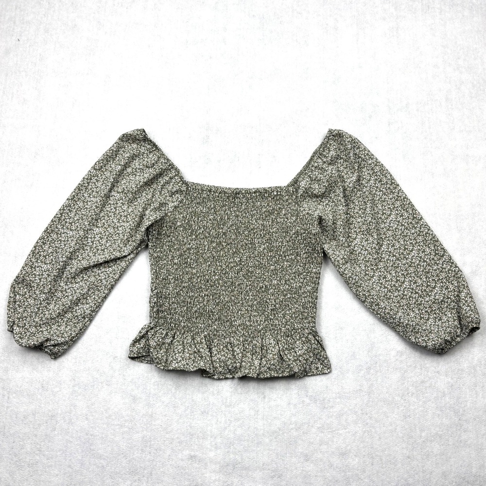Paper Crane Shirt‎ Womens Medium Green Smocked Ditsy Floral Balloon Sleeve Top M